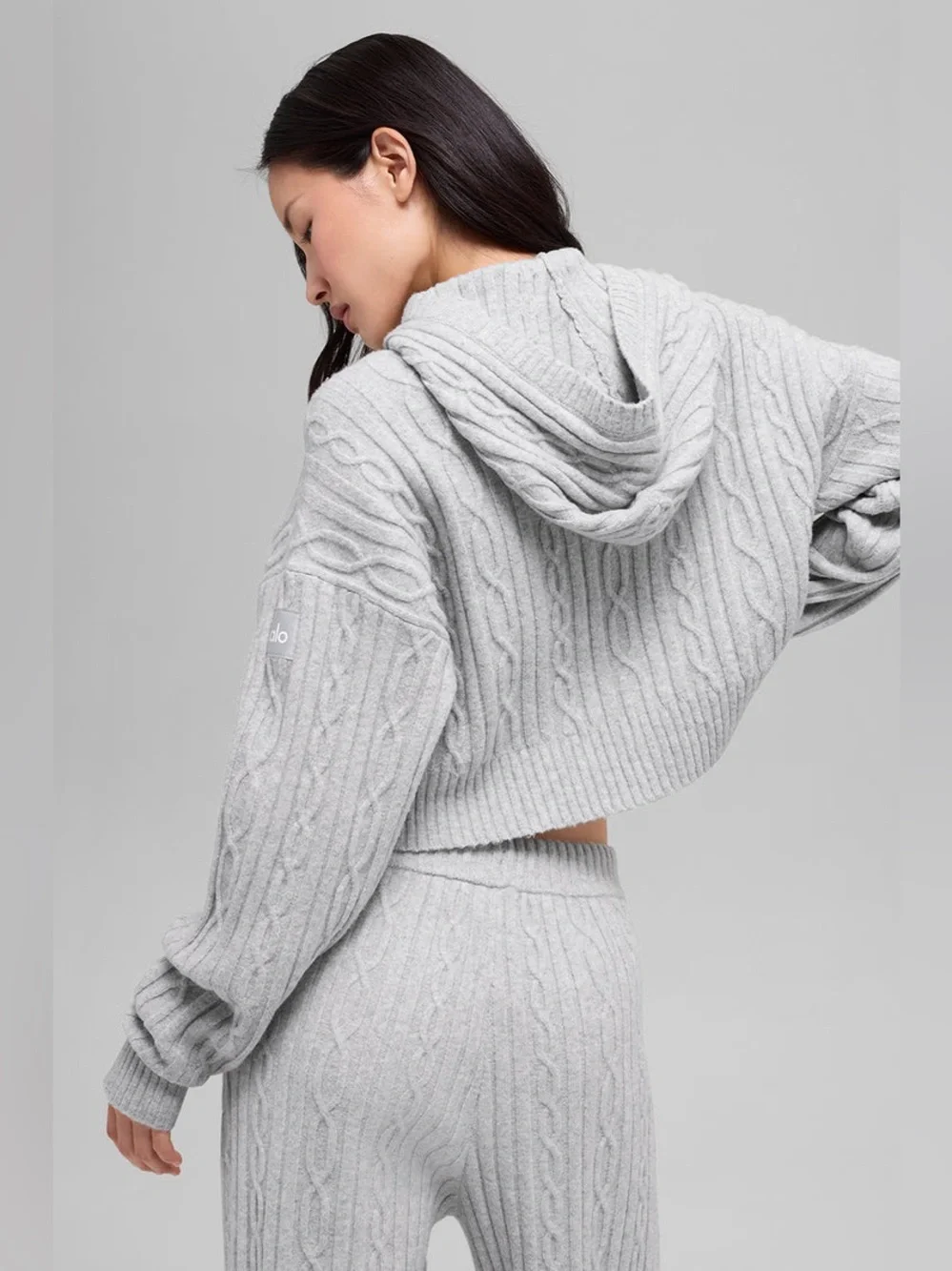 ALO Yoga Cable Knit Winter Bliss Hoodie and Joggers in Athletic Heather Gray